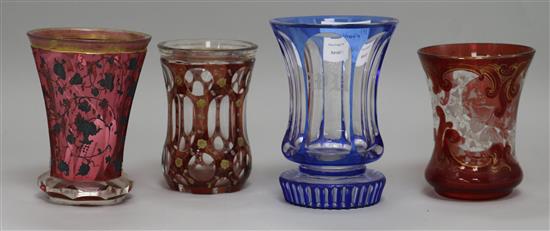 Four 19th century Bohemian glass beakers